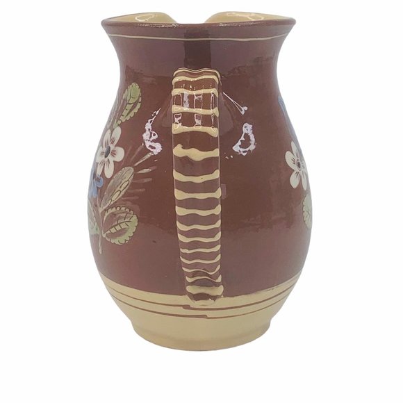 Redware Pitcher Floral Hand Painted Farmhouse - Picture 4 of 12
